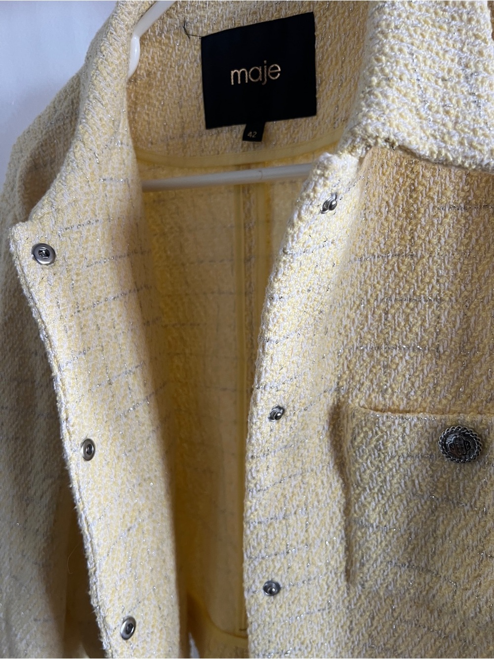 Maje yellow cropped tweed lurex jacket Metallic Silver snap button /Size 42 / L - Picture 5 of 8
